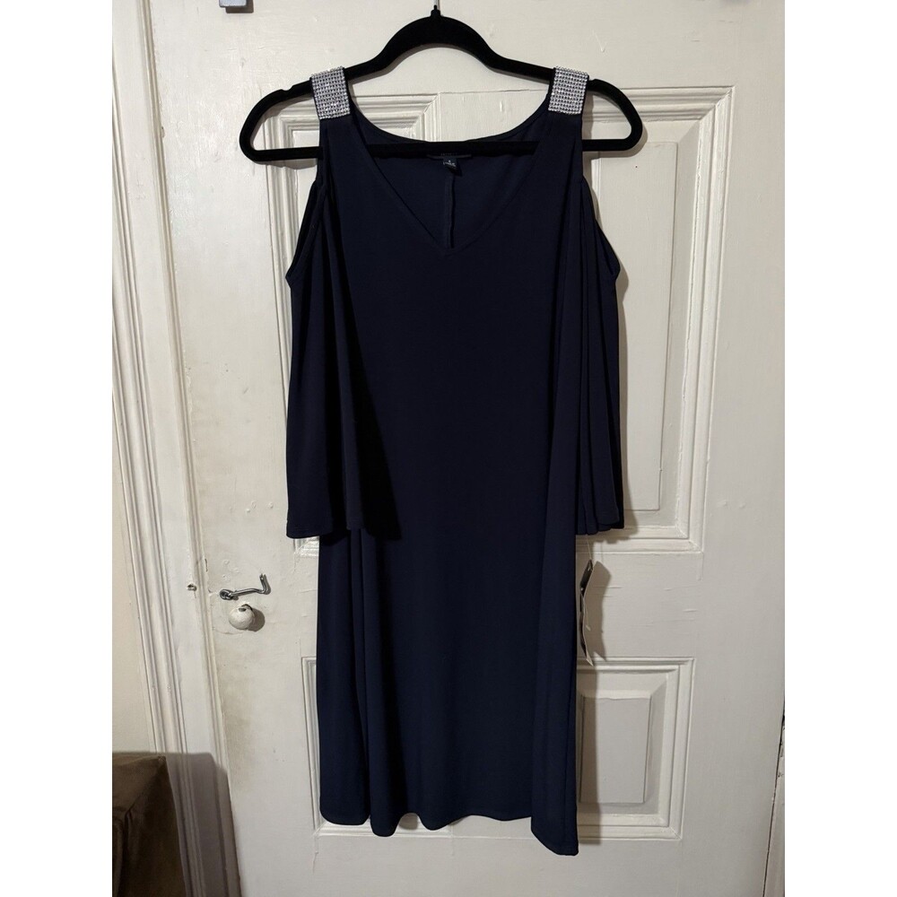 MSK Navy Cold Shoulder Dress Rhinestone Straps V-Neck Size Small NWT